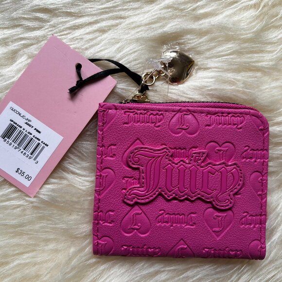 🩷 JUICY COUTURE UPGRADE U L ZIP CARD CASE WALLET JUICY PINK W PAVE HEART 🩷 - Picture 1 of 4